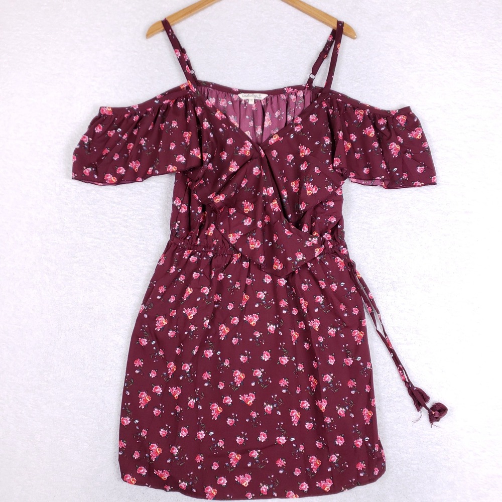 Indulge In Style Dress Womens 1X Cold Shoulder Floral Ruffle Wrap Burgundy Boho